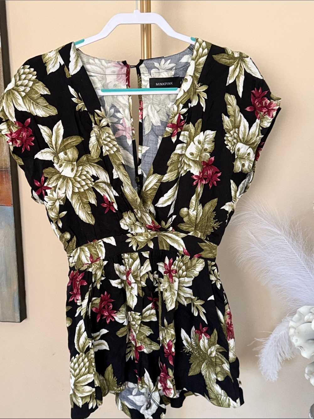 MINKPINK Black Floral V-Neck Romper with Olive and Berry Accents